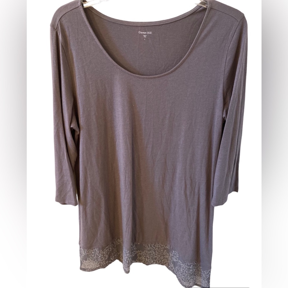 Garnet Hill Asymmetrical 3/4 Sleeve Sequin Tunic Top Gray Modal Blend L